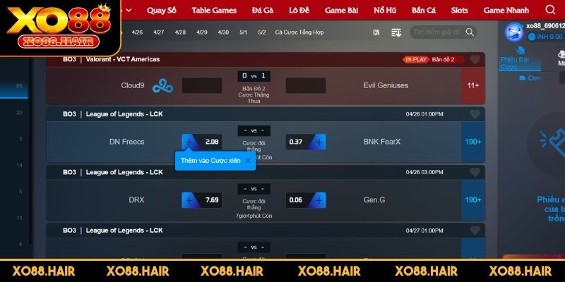 Khám phá sảnh Esport XO88